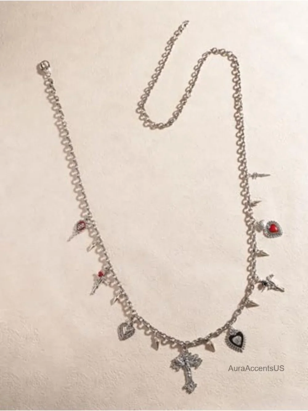 Goth Punk Cross Moth Heart Spike Chain Belt, Waist Belly Chain, Zinc Alloy,